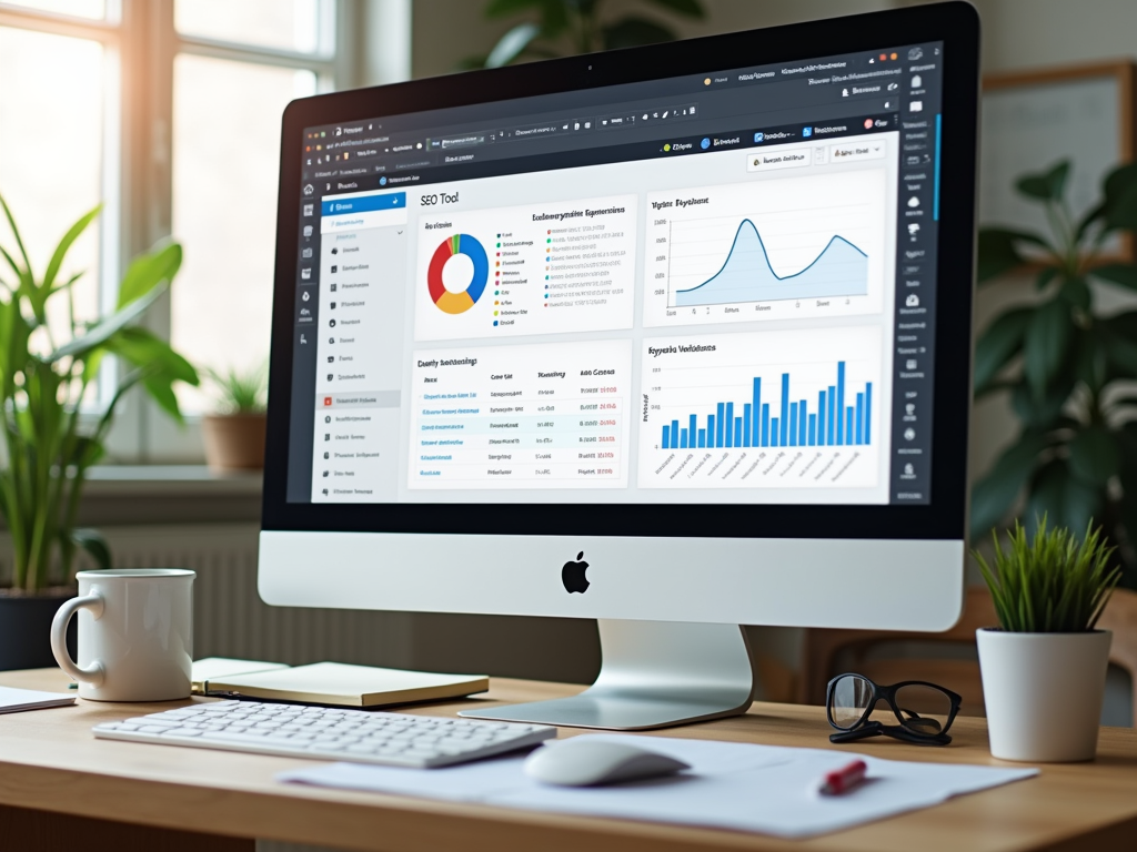 На мониторе показан интерфейс SEO-инструмента с графиками и аналитикой. На столе - кружка и очки.
