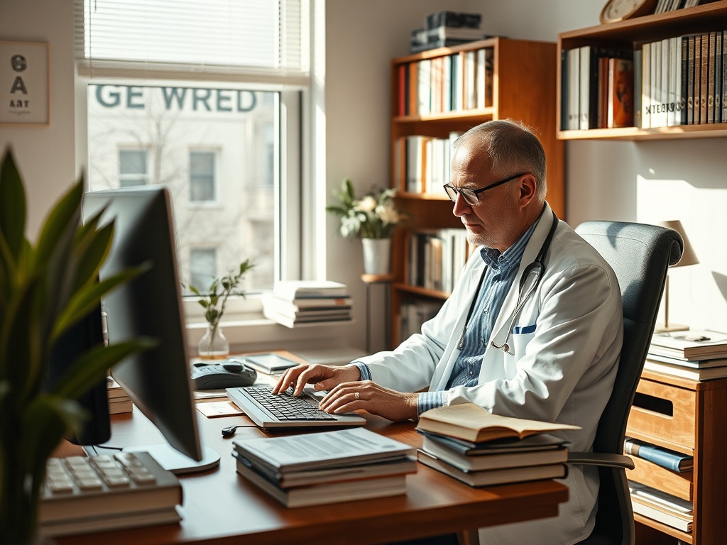 На изображении врач за столом в кабинете, работает на компьютере, окружённый книгами и растениями.