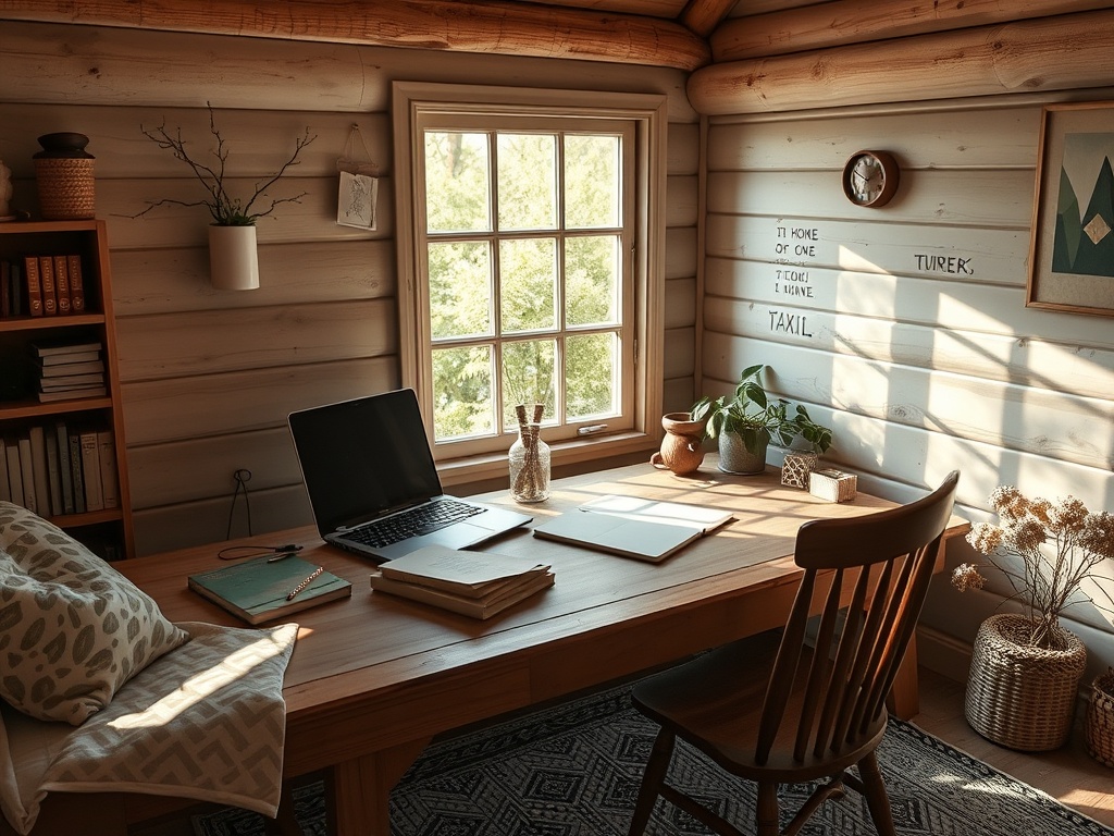 Светлое уютное помещение с деревянной мебелью, рабочим столом и растениями рядом с окном.