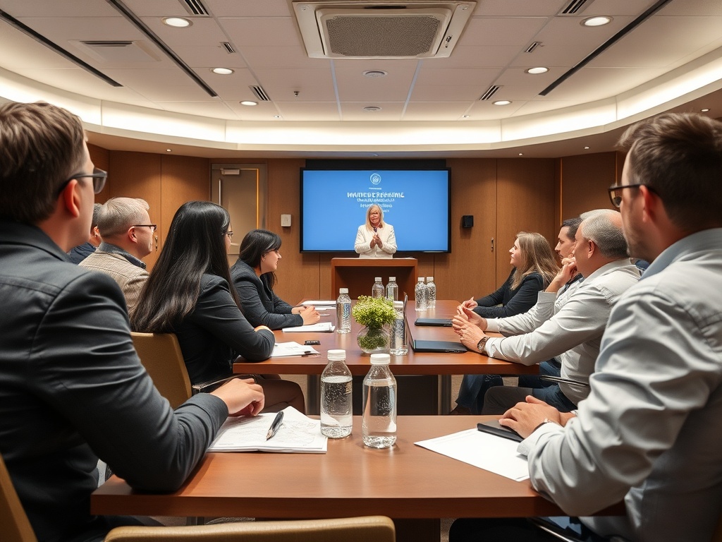 На встрече вокруг стола люди слушают выступление женщины на фоне экрана с презентацией.