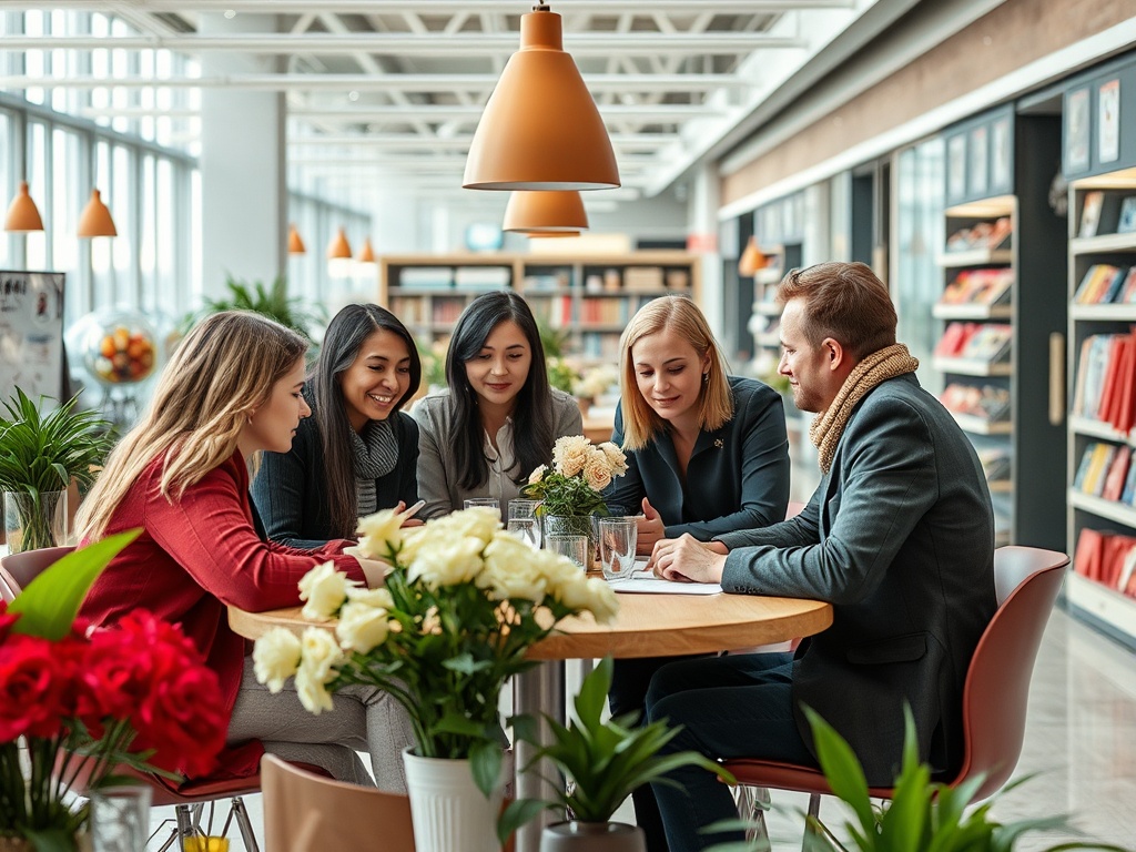 Группа студентов за столом в библиотеке обсуждают идеи, вокруг цветы и книги на полках.