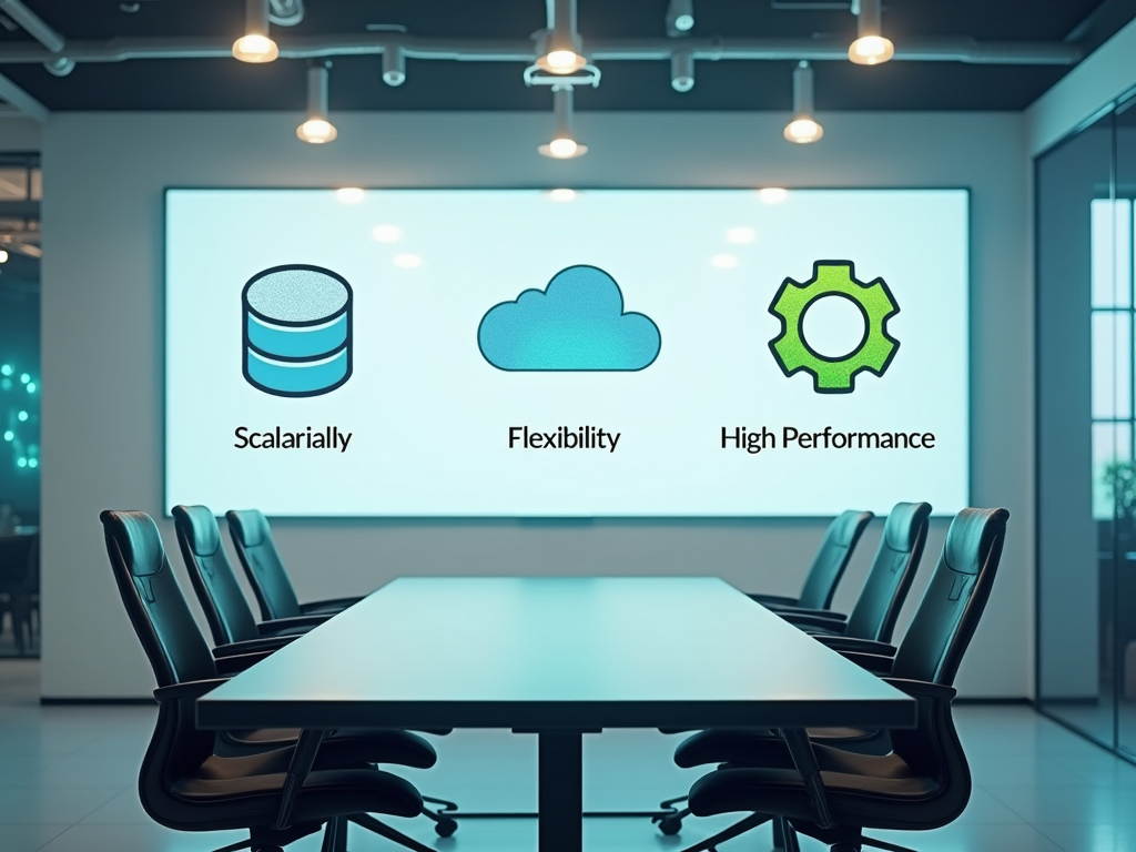 Конференц-зал с проектором, показывающим иконки и слова "Масштабируемость", "Гибкость", "Высокая производительность".