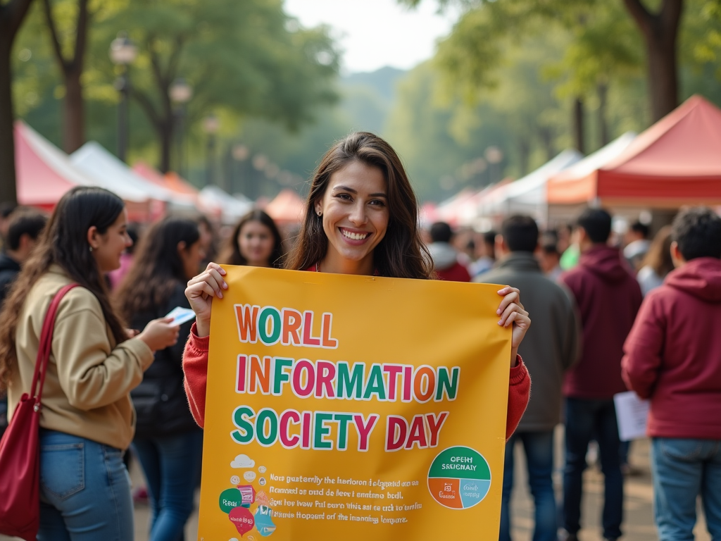 Женщина с улыбкой держит плакат "World Information Society Day" на фоне улицы с палатками.