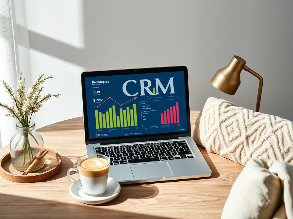 На столе ноутбук с графиками CRM, чашка кофе и украшения, как символ успешной работы.