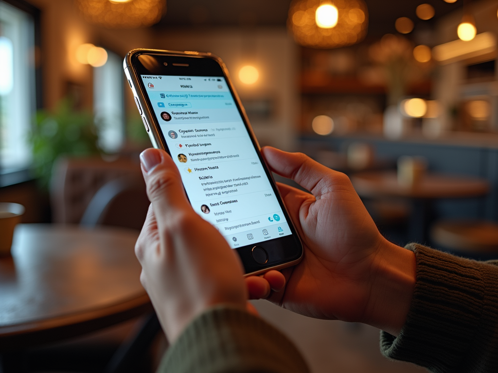 Человек в кафе просматривает список сообщений в мессенджере на смартфоне.