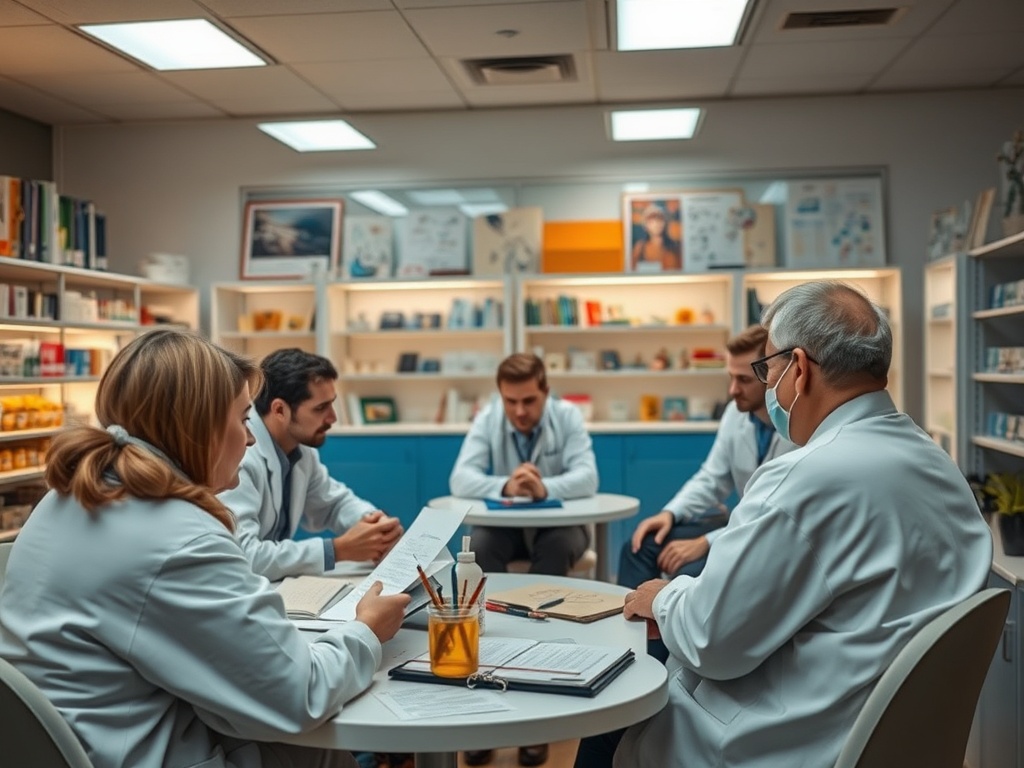 Группа врачей в белых халатах на совещании, обсуждающих медицинские вопросы в кабинете.